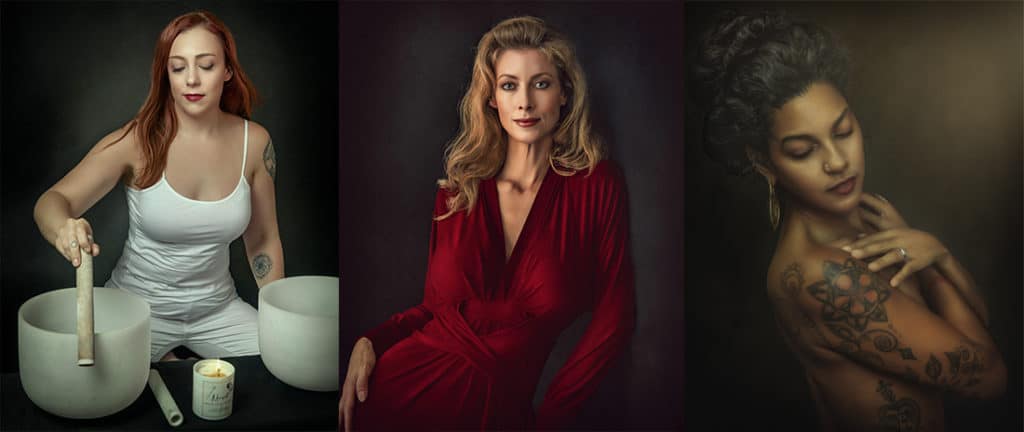 different style portraits, branding picture of a female using singing bowls, modern portrait of female in red dress, fine art boudoir portrait